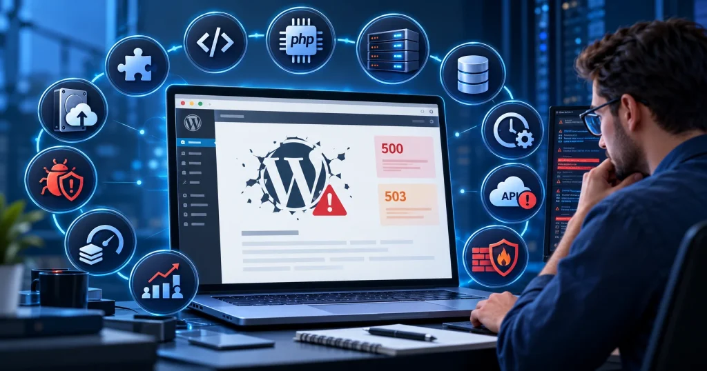 WordPress website critical error and server crash diagnosis on laptop dashboard