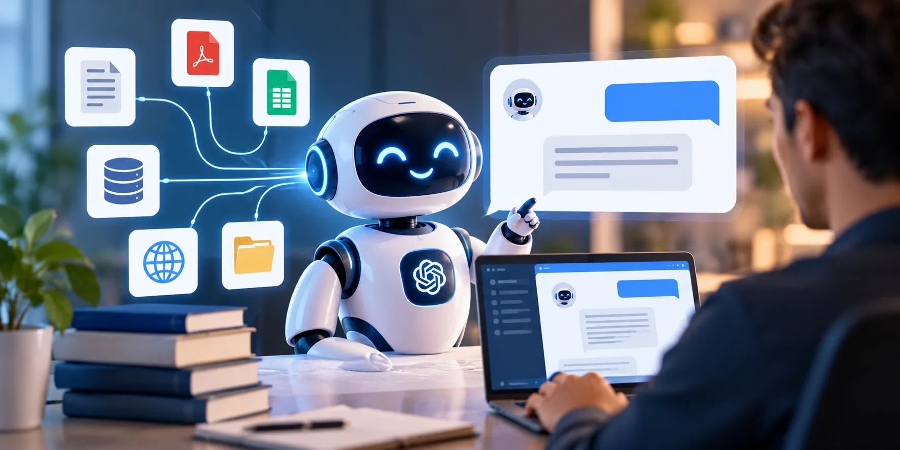Diagram of a custom AI chatbot connecting approved business documents, CRM and human support